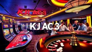 An exciting gambling atmosphere showcasing KJC AC 3 with casino tables, slot machines, and vibrant players enjoying games of chance.