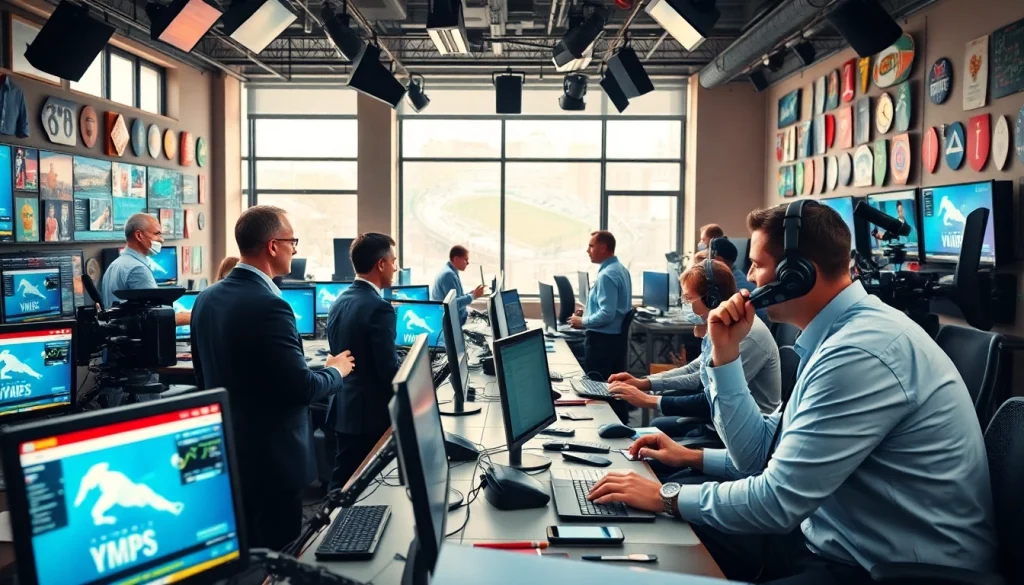 Engaging sports news scene at sportsbytes.com.ph with journalists collaborating and discussing updates.