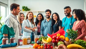 Discussing Health insights in a vibrant healthcare setting with diverse individuals.