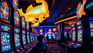 Menampilkan permainan slot online koi800 dengan desain gua koi yang mengesankan di lingkungan modern.