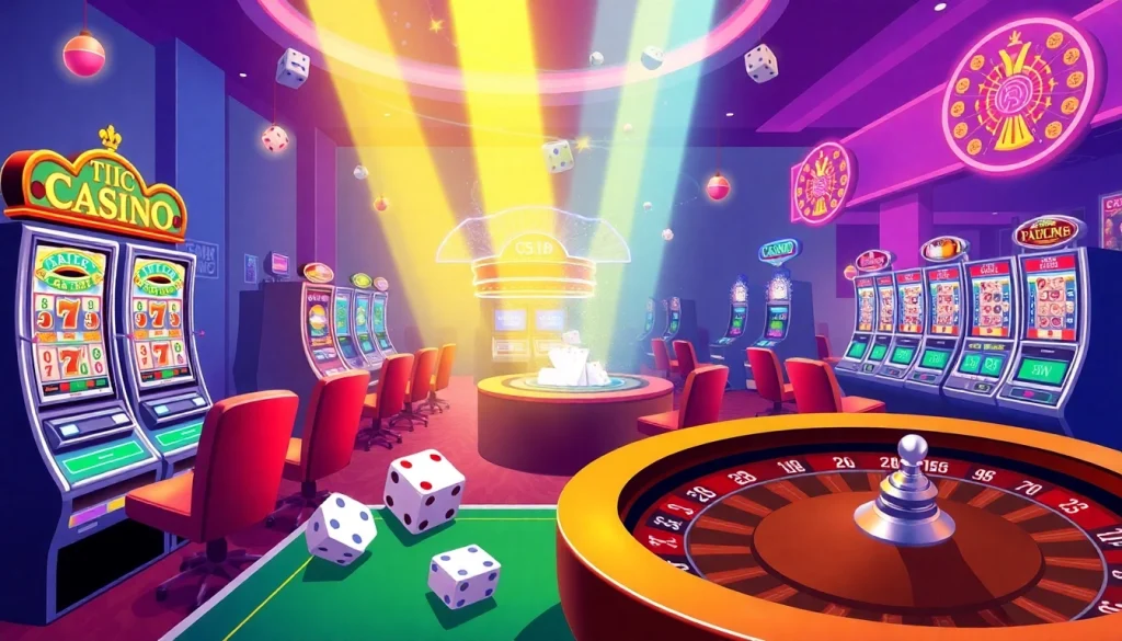 A bustling casino featuring vibrant slot machines and poker tables, highlighting KJC AC 1's innovative gaming experience.