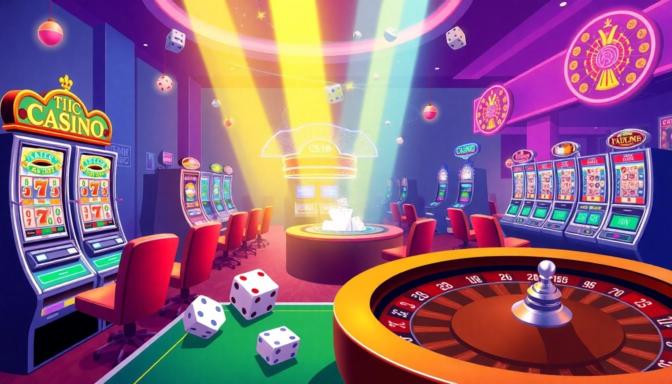 A bustling casino featuring vibrant slot machines and poker tables, highlighting KJC AC 1's innovative gaming experience.