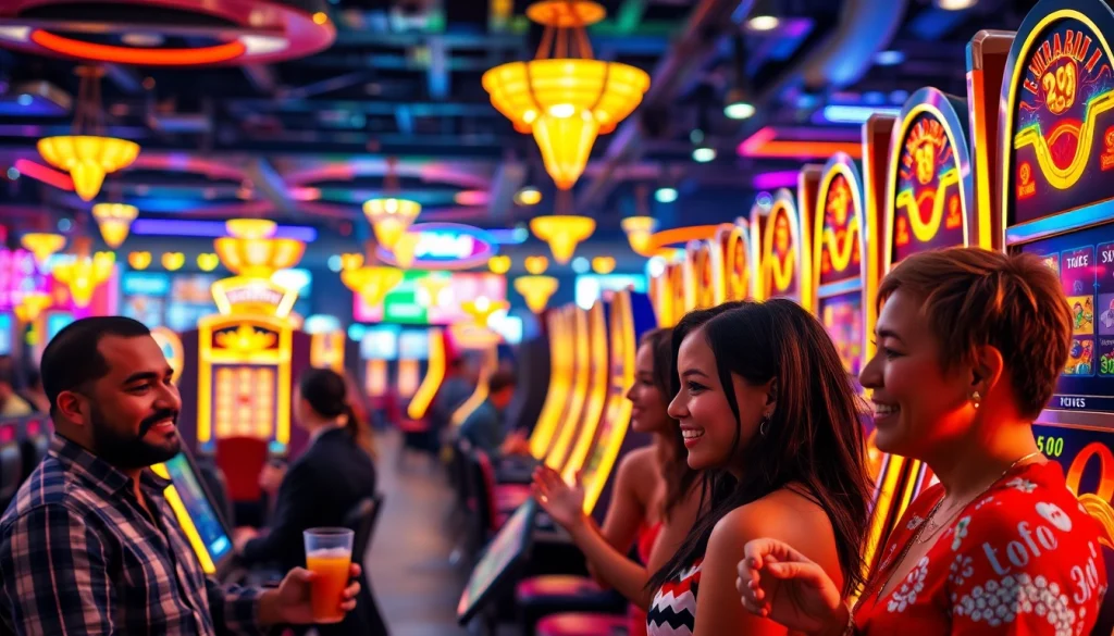 Menggoda kemenangan di permainan lipat4d slot dengan suasana kasino yang meriah dan pemain bersemangat.