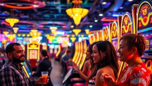 Menggoda kemenangan di permainan lipat4d slot dengan suasana kasino yang meriah dan pemain bersemangat.