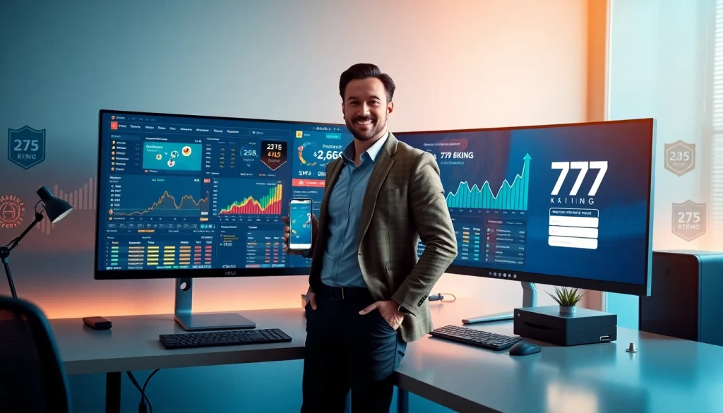 79king branding in a modern workspace with live betting dashboards and secure login visuals