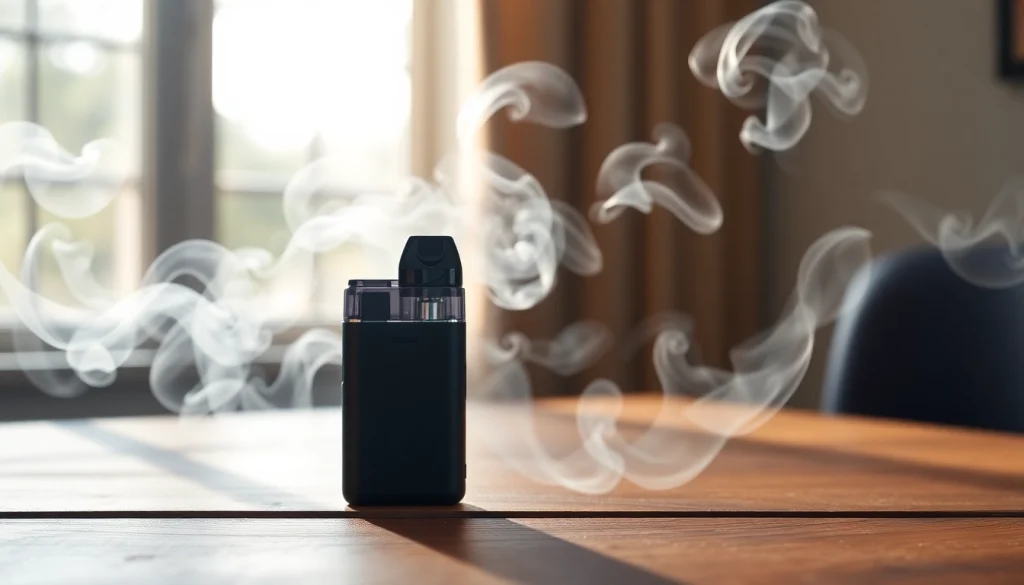 Showcasing a stylish pod kit with vapor clouds in a serene setting.