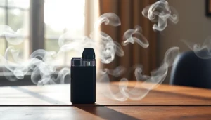 Showcasing a stylish pod kit with vapor clouds in a serene setting.