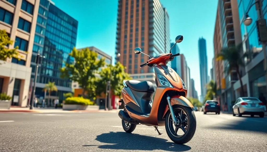 Motorroller 50ccm auf einer urbanen Straße mit einem modernen Stadtbild im Hintergrund.