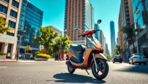 Motorroller 50ccm auf einer urbanen Straße mit einem modernen Stadtbild im Hintergrund.