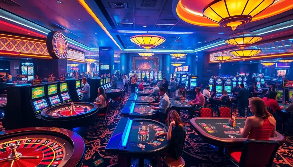 KJC - Experience the thrill of gambling at a bustling casino with tables, cards, and players.