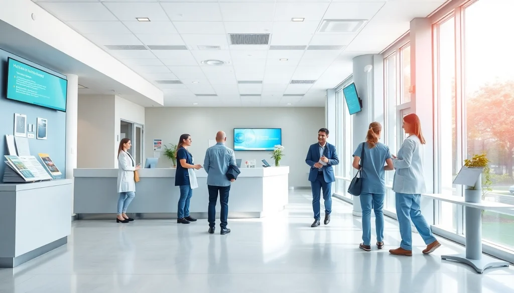 Bezoekers worden verwelkomd bij https://tweestedenziekenhuis.nl door betrokken personeel in een heldere ziekenhuisomgeving.