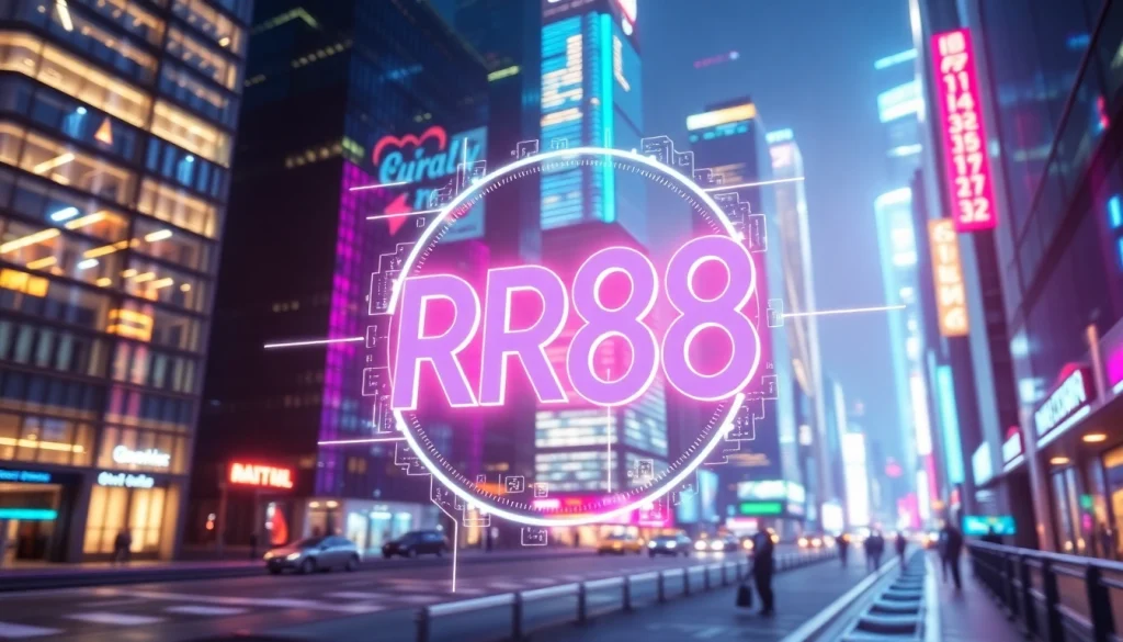 RR88 logo illuminated in a futuristic cityscape, symbolizing innovation and technology.
