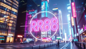 RR88 logo illuminated in a futuristic cityscape, symbolizing innovation and technology.