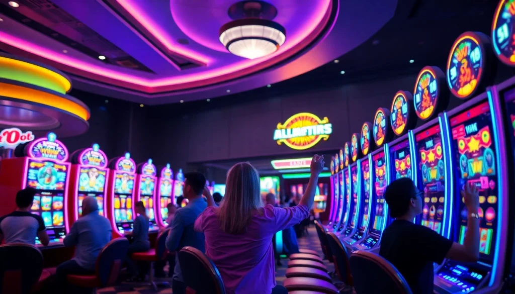 Menampilkan permainan slot gacor dengan pemain yang bersuka cita dan mesin cerah yang memikat.