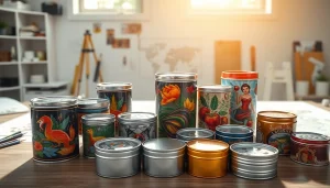 Showcasing custom tins featuring vibrant designs in a creative workspace.