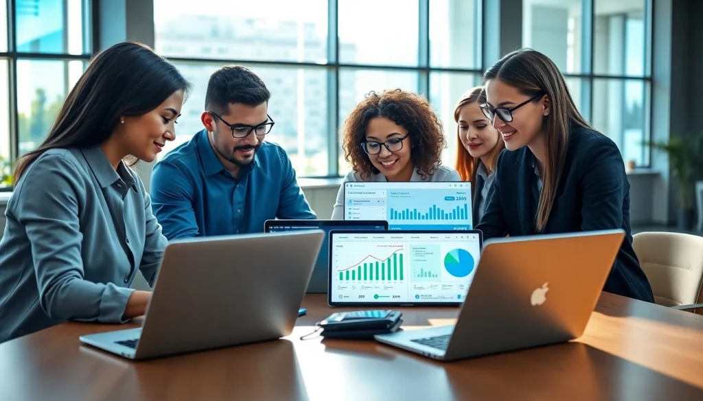 Optimize your workflow with invoice processing software showcased by a diverse team in a modern office.