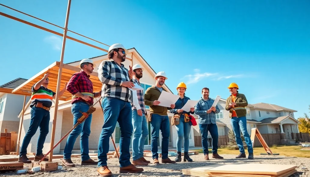 Find good builders near me collaborating on a vibrant construction site in a suburban setting.
