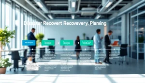 Visualize effective Disaster Recovery Planning with a detailed flowchart in a modern office.
