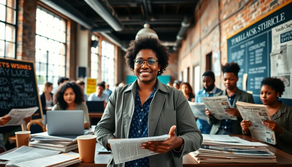 African-American journalist working in a vibrant newsroom, showcasing the essence of blackchronicle.