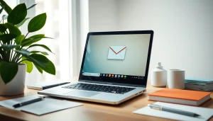 Engaging workspace showing Gmail邮箱 on a laptop screen surrounded by stationery.
