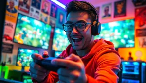 Menampilkan aksi seru pemain hakim4d game dengan latar belakang peralatan gaming yang hidup.