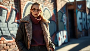 Showcase of trendy winter apparel inspired by https://www.northernfashions.com in an urban graffiti setting.