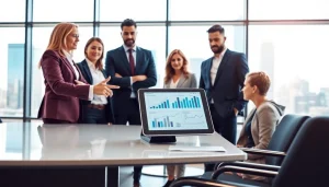 Engaged professionals representing Quickplus Business Consultants strategizing in a modern office.