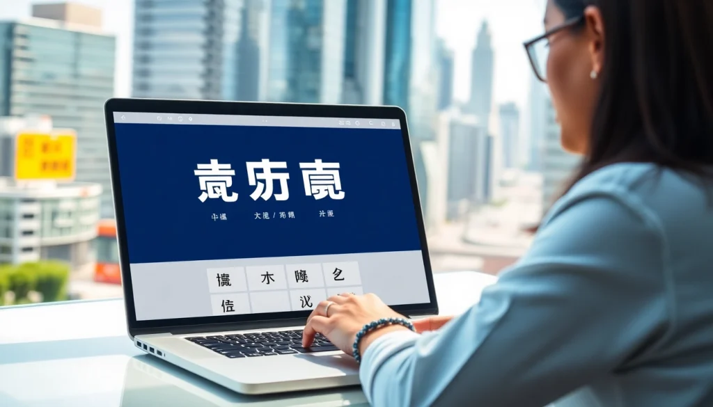 Engaging user navigating the 有道翻译 translation tool on a laptop in a vibrant city setting.