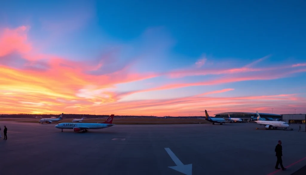 Explore the vibrant ambiance of Luton Airport during sunset with planes and passengers.