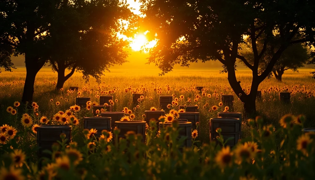 Observa cómo las colmenas langstroth en el campo armonizan con la naturaleza.