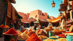 Immerse in morocco travel with vibrant market scenes showcasing spices and handicrafts.