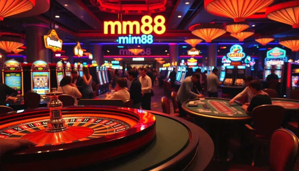 Experience mm88 excellence at this lively casino setting with players enjoying roulette, slots, and poker.