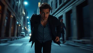 Protagonist racing through a dramatic urban setting in a fast-paced thriller scene.