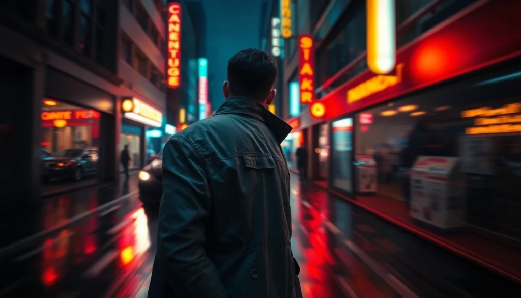 Engaging scene from a fast-paced thriller featuring a mysterious figure in a neon-lit alley.