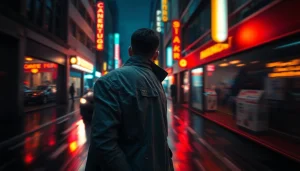 Engaging scene from a fast-paced thriller featuring a mysterious figure in a neon-lit alley.