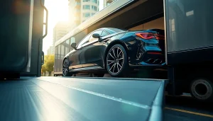 Loading a sleek car onto a transport truck for https://luxuryautocarriers.com luxury auto shipping.