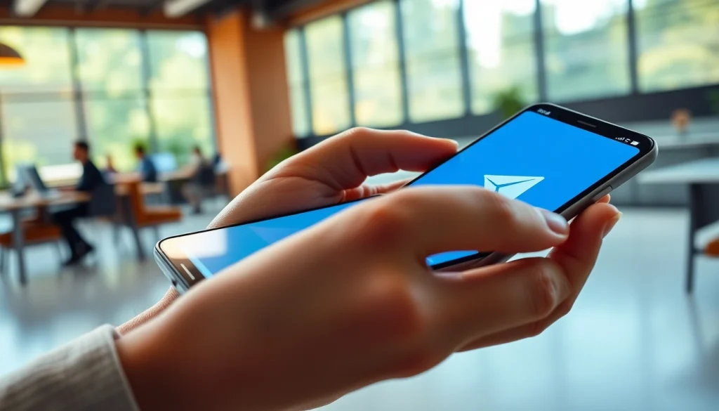 Engaging with Telegram中文版 on a smartphone in a modern office setting, showcasing productivity.