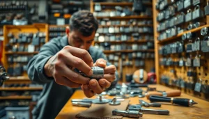 Locksmith at work on high-security locks at https://www.dakenlocks.com, showcasing expertise and precision.