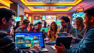 Dynamic online gaming experience at TV88 showcasing players on various devices.