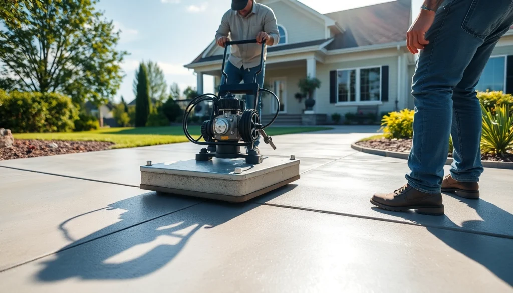 Concrete Leveling Roseburg demonstrating skilled workers leveling a driveway in bright sunlight.