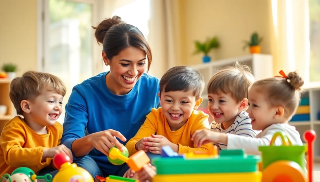 Engaging scene of a nanny Dubai providing care to happy children in a lively home.