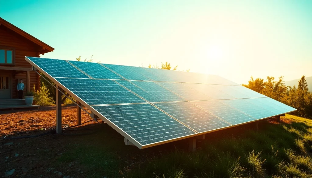 Install an off grid solar system showcasing solar panels set against a scenic landscape with greenery.
