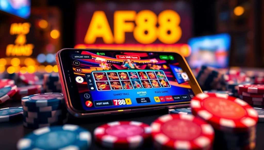 AF88 online gaming platform showcasing vibrant casino game interface on a smartphone with virtual chips.