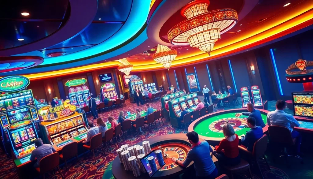 Experience the vibrant gambling world of KJC AC 1 with players enjoying casino tables and slot machines.