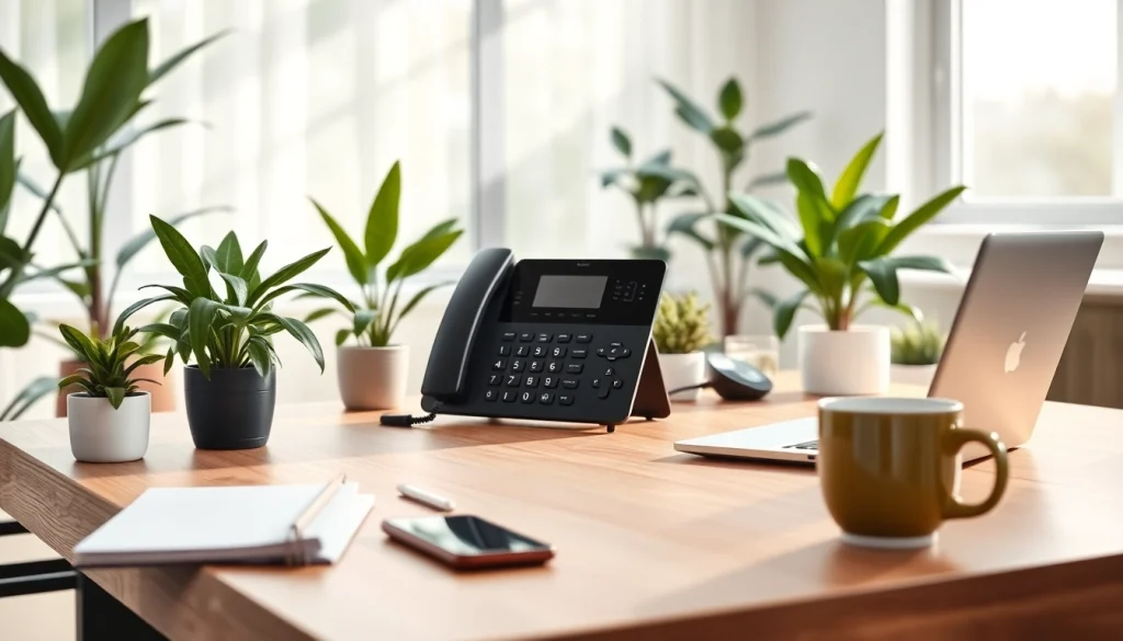 VOIP phone on a stylish desk in a bright home office setting, enhancing productivity.