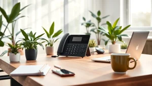 VOIP phone on a stylish desk in a bright home office setting, enhancing productivity.