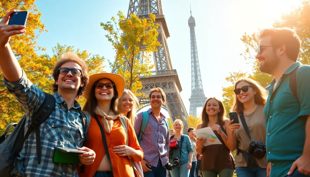 Tourists enjoying their time at https://travelvixta.com capturing memories near the Eiffel Tower.