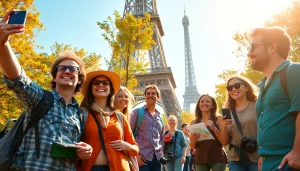 Tourists enjoying their time at https://travelvixta.com capturing memories near the Eiffel Tower.