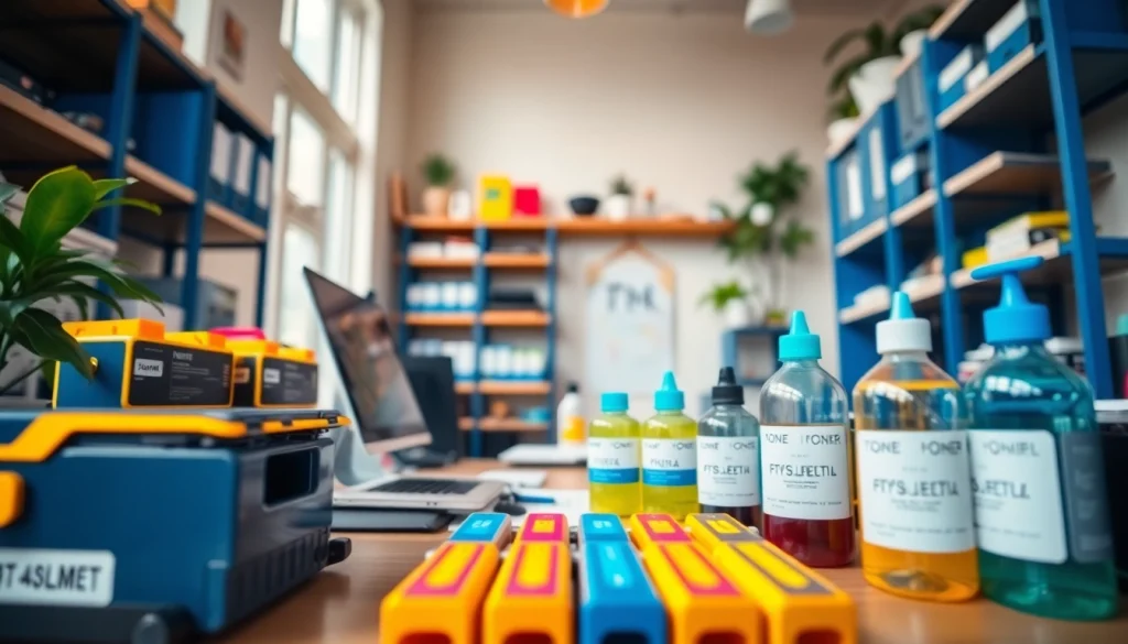 Tonersink offers vibrant toner cartridges and ink bottles displayed in a modern workspace.