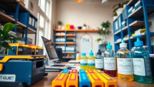 Tonersink offers vibrant toner cartridges and ink bottles displayed in a modern workspace.